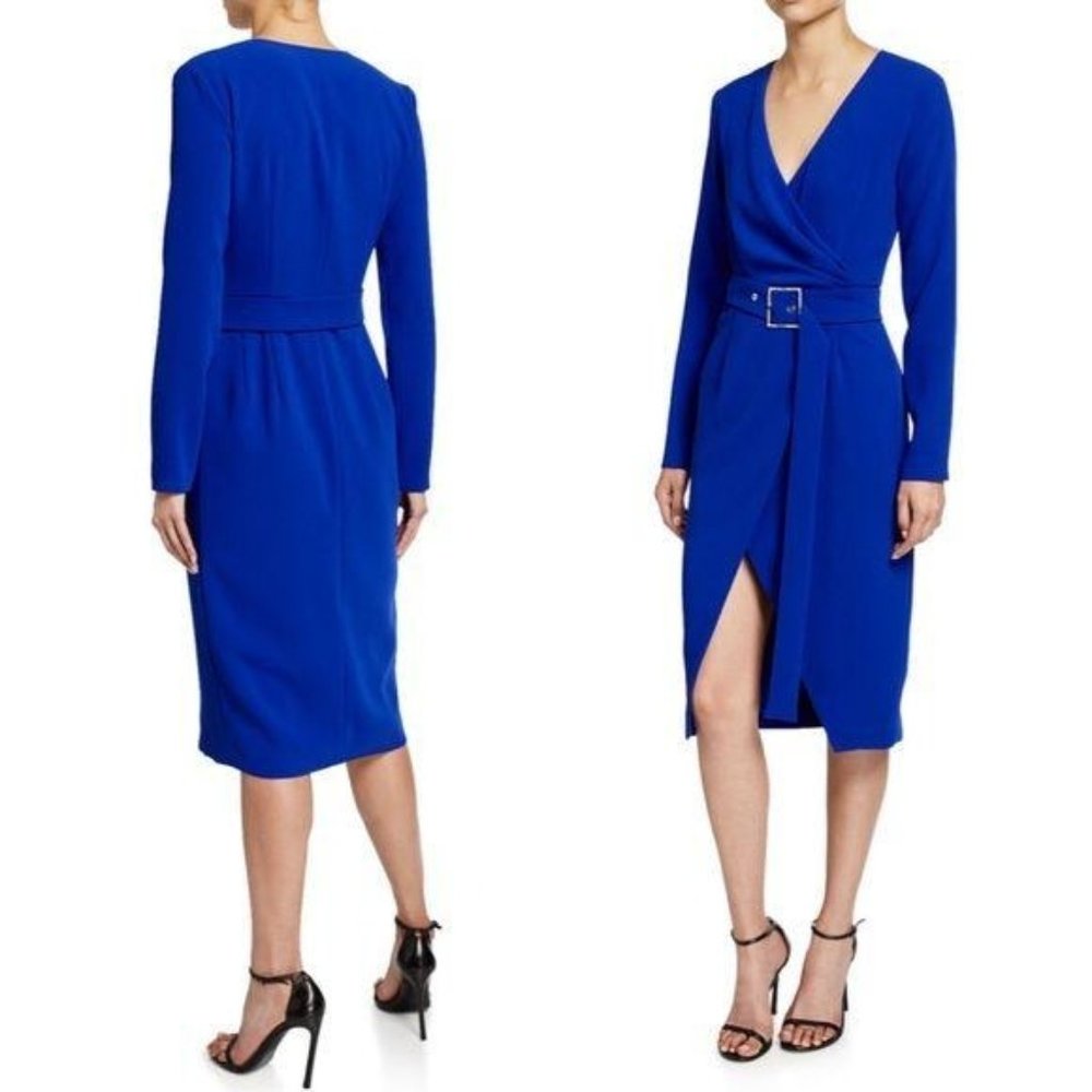 Pinko Long-Sleeve Crepe Wrap Midi Dress in Cobalt Blue Size IT 38 Sz Small